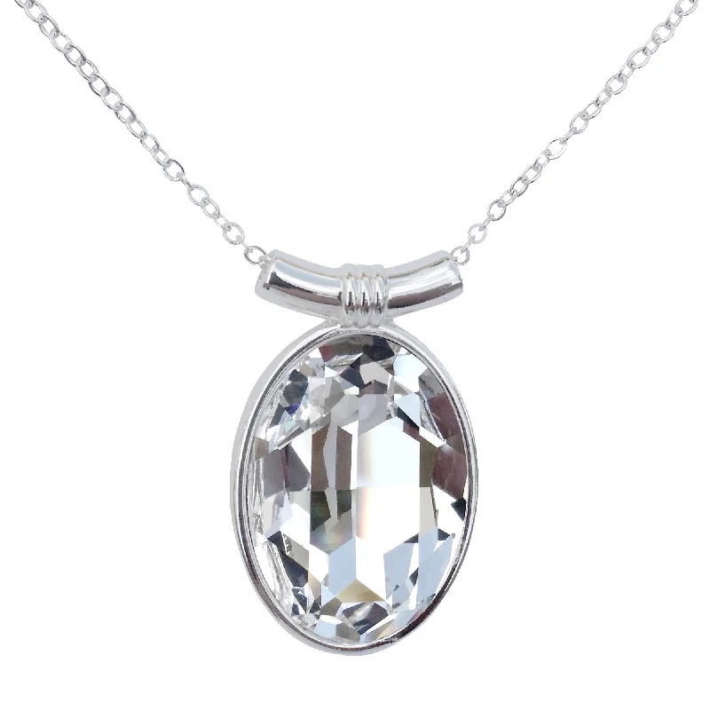 women diamond pendant necklaces -Diamond Clear Swarovski Crystal Oval Pendant on 18" 2mm Silver-Plated Necklace