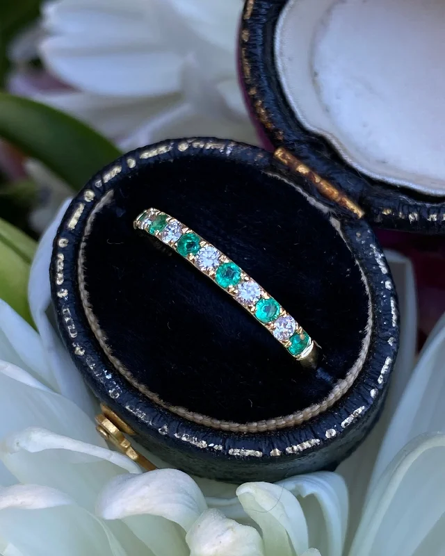 women cushion cut rings -Emerald and Diamond Half Eternity Wedding Ring 0.17ct + 0.19ct 18ct Yellow Gold