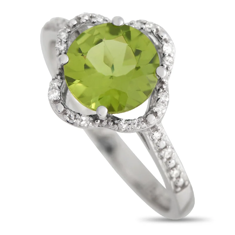 women sapphire solitaire engagement rings -LB Exclusive 14K White Gold 0.10ct Diamond and Peridot Quatrefoil Ring RC4-11976WPE