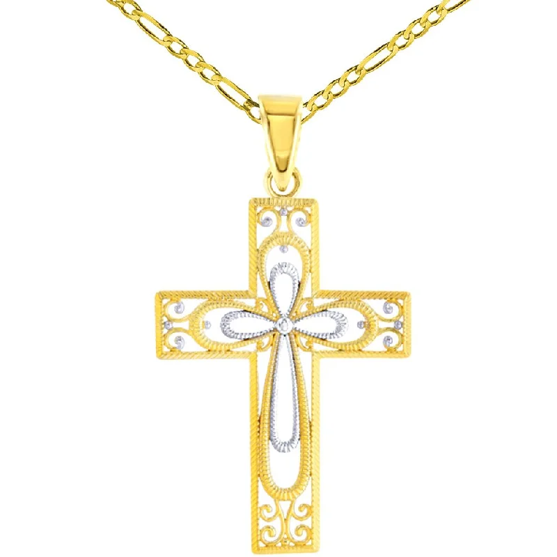 women simple pendant necklaces -14K Gold Textured Milgrain Filigree Cross Pendant Figaro Necklace - Yellow Gold