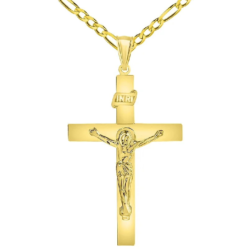 women minimalist necklaces -14k Yellow Gold 4mm Thick INRI Tubular Cross Roman Catholic Crucifix Pendant with Figaro Chain Necklace