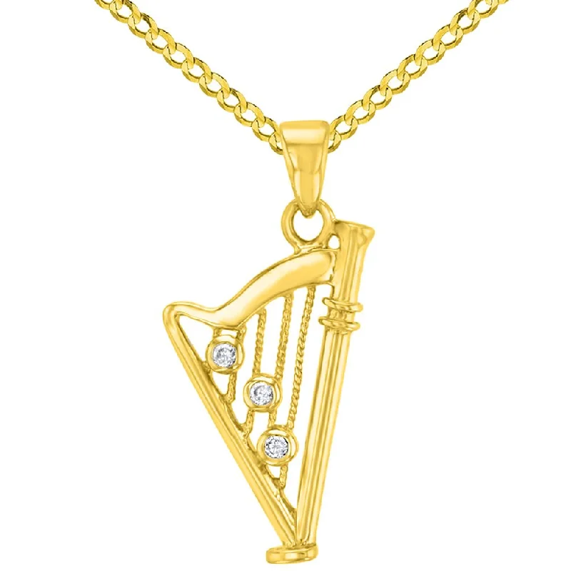 women sapphire necklaces -Solid 14K Gold CZ Harp Charm Musical Instrument Pendant with Cuban Chain Necklace - Yellow Gold