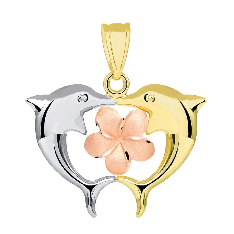 women vintage charm necklaces -14k Gold Kissing Dolphins with Hawaiian Plumeria Flower Pendant - Tri Color Gold