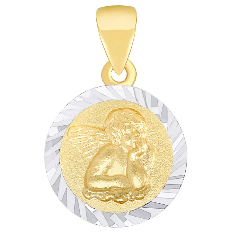 women fancy necklaces -Solid 14K Gold Round Guardian Angel Textured Medallion Charm Pendant - Yellow Gold