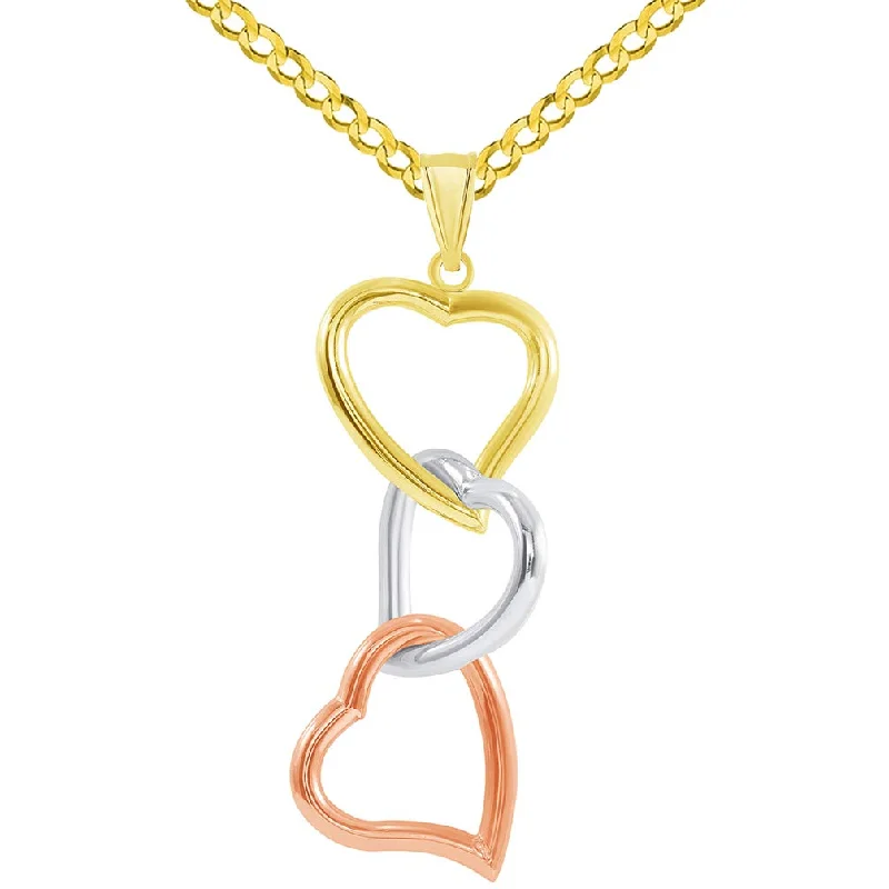 women spiral necklaces -14k Tri-Color Gold Three Hearts Interlocking Dangling Down Pendant with Cuban Curb Chain Necklace