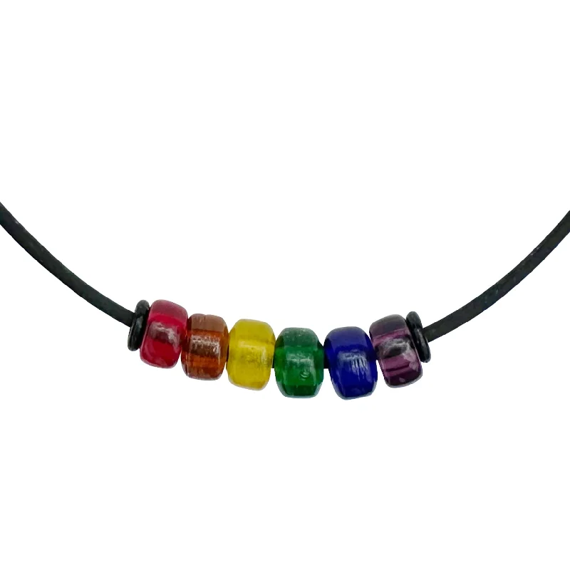 women gold necklaces -Rainbow Pride Necklace with Czech Glass Beads on Black Rubber Cord, 18 inches