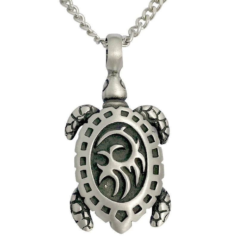 women moon necklaces -Pewter Sea Turtle Tribal Pendant with Extra Large Bail, on Men's Heavy Curb Chain Necklace, 24"