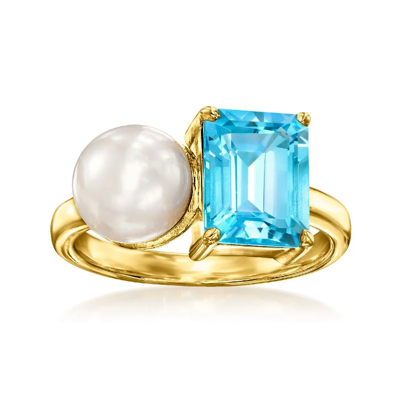 women vintage gold engagement rings -Ross-Simons 7.5-8mm Cultured Pearl and Swiss Blue Topaz Toi Et Moi Ring in 18kt Gold Over Sterling