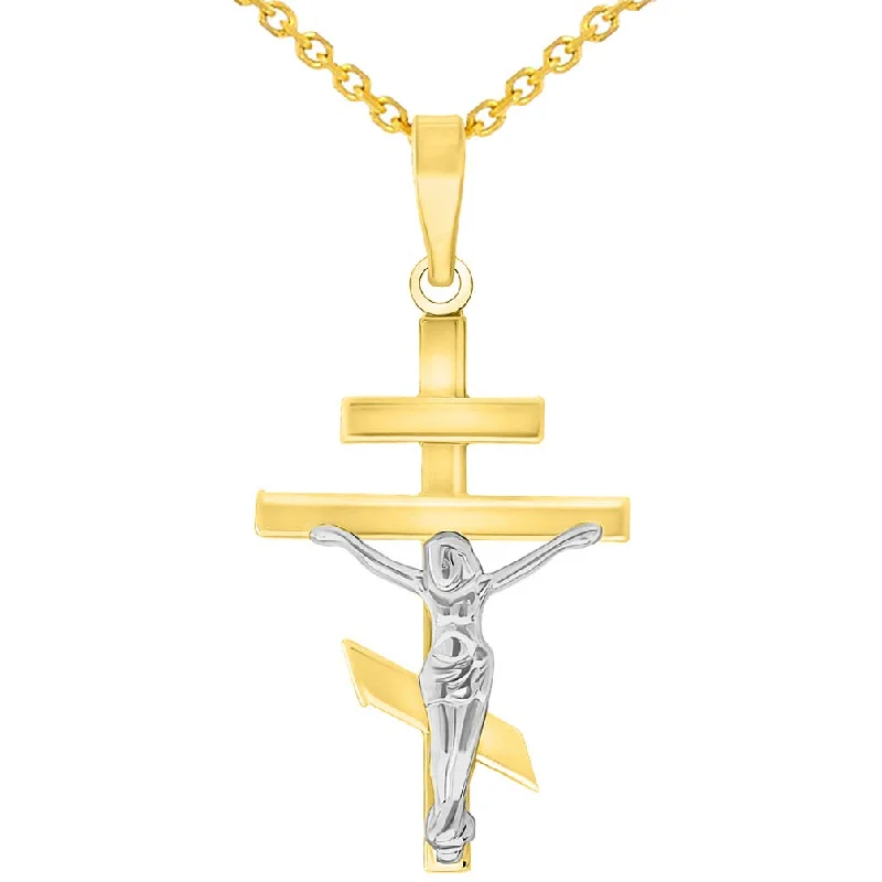 women chain necklaces -High Polish 14k Yellow Gold Two Tone Russian Orthodox Cross Crucifix Pendant with Cable, Curb, or Figaro Chain Necklaces