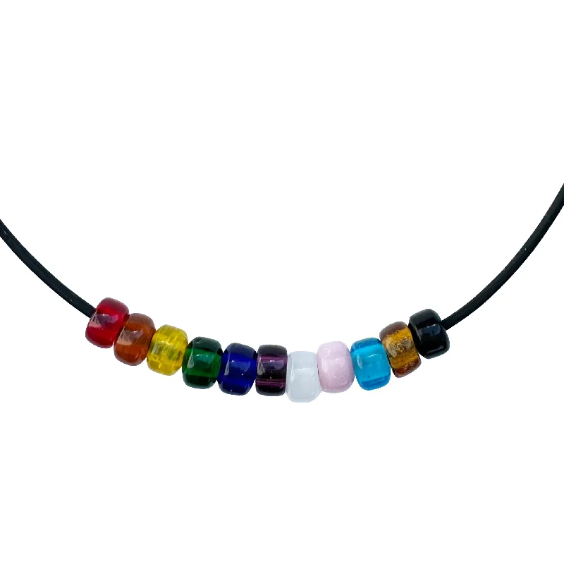 women statement necklaces -Rainbow Progress Pride Necklace with Czech Glass Beads on Black Rubber Cord, 18 inches