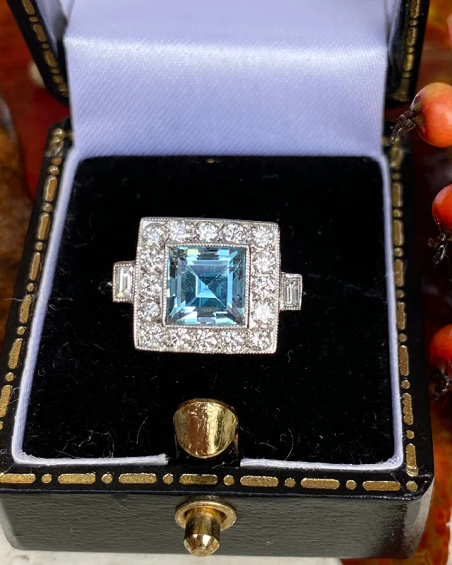 women cocktail rings -Art Deco Aquamarine & Diamond Platinum Ring 0.40ct + 1.0ct