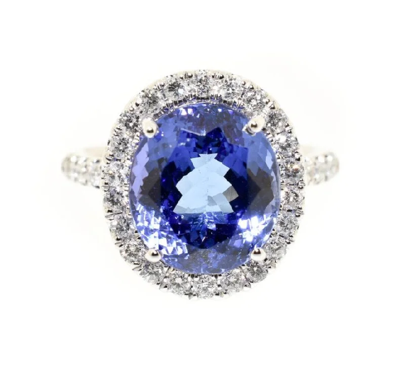 women modern wedding rings -14kt White Gold Tanzanite & Diamond Halo Ring