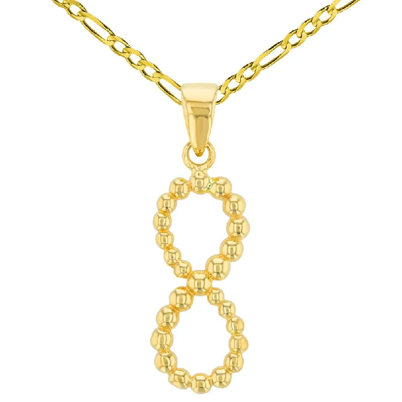 women casual necklaces -14K Gold Beaded Vertical Infinity Pendant with Figaro Chain Necklace - Yellow Gold