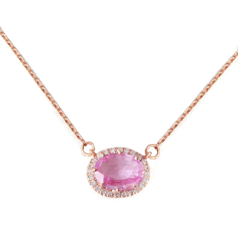 women geometric necklaces -Oval Pink Sapphire Halo Pendant Necklace