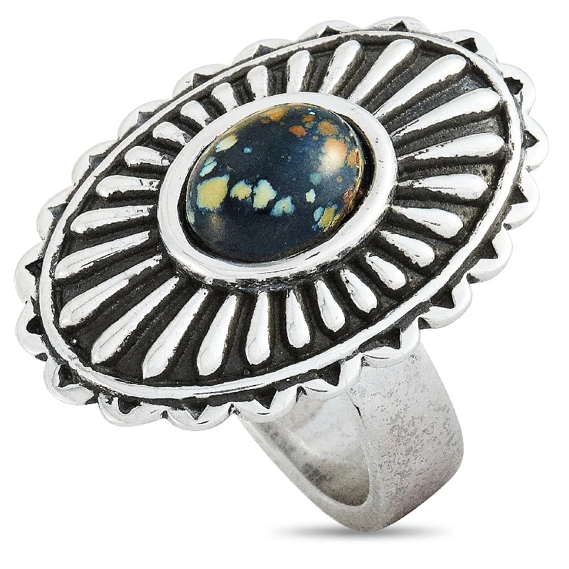 women engagement rings with side stones -King Baby Large Starburst Concho Silver and Spotted Turquoise Ring