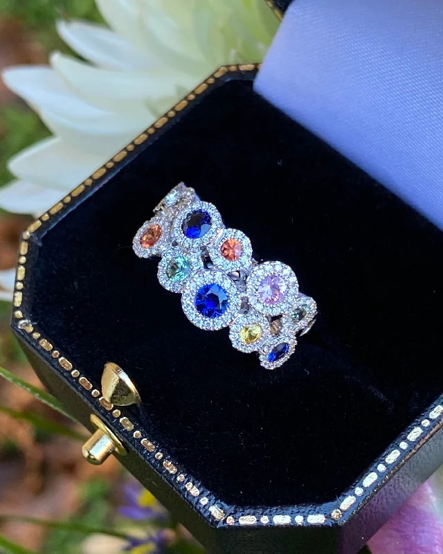 women large rings -Contemporary Multi-Coloured Sapphire and Diamond Cluster Ring 18ct White Gold 0.38ct + 1.19ct