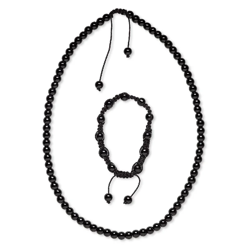 women adjustable necklaces -Natural Black Obsidian 8mm Bead Necklace and Bracelet Set, with Black Nylon Macrame Knot Closure, Adjustable