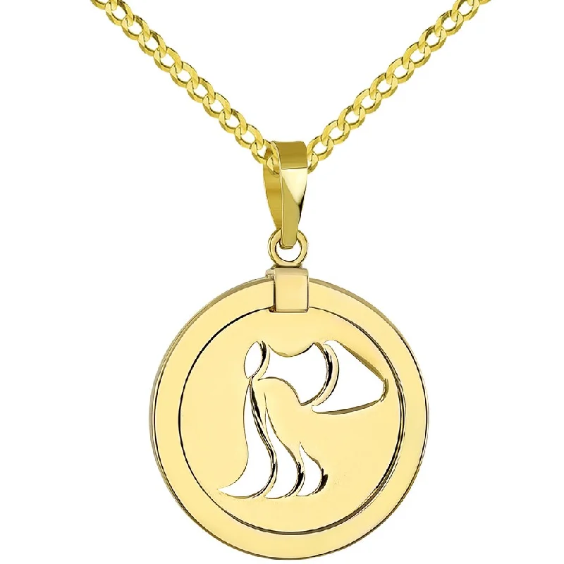 women wedding necklaces -High Polished 14K Yellow Gold Reversible Round Aquarius Zodiac Sign Pendant with Cuban Chain Necklace