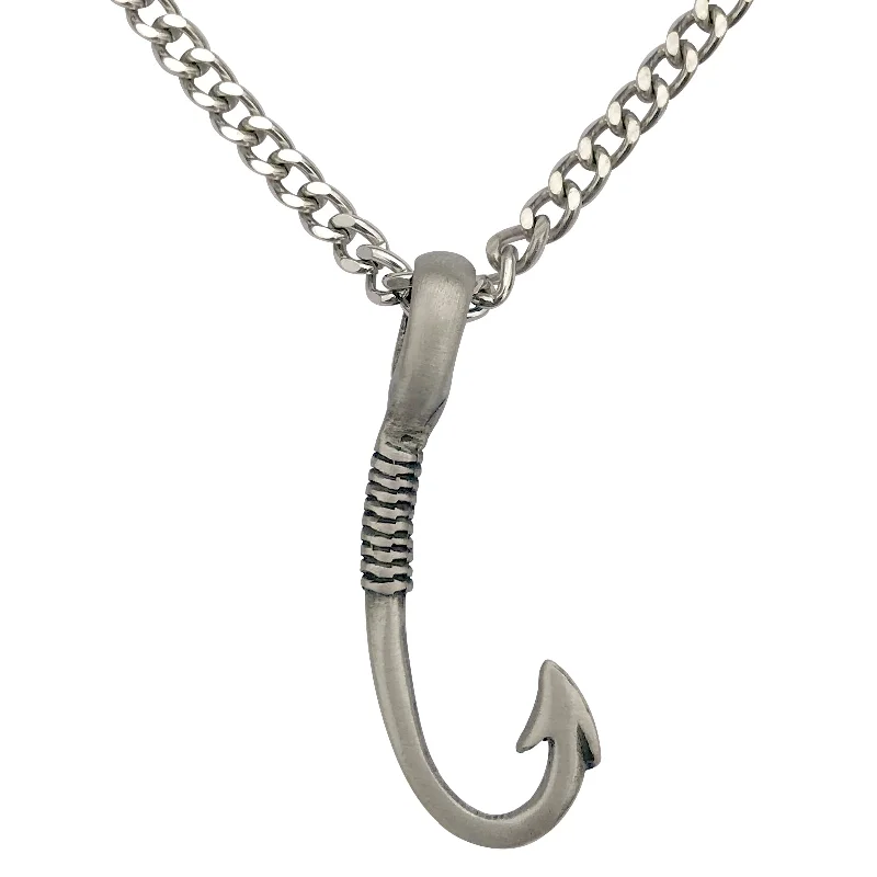 women star-shaped necklaces -Pewter Fish Hook Fishing Pendant with Extra Large Bail, on Men's Heavy Curb Chain Necklace, 24"