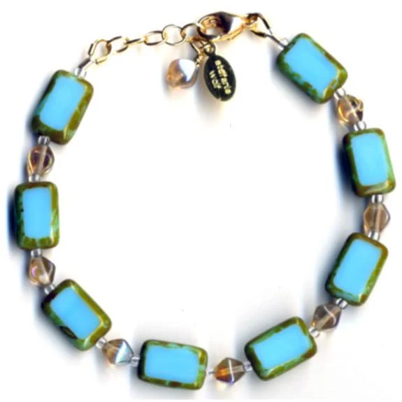 women hammered bangles -Desert Sky Bracelet, Sky Blue Glass Rectangle Beaded Bracelet on Gold