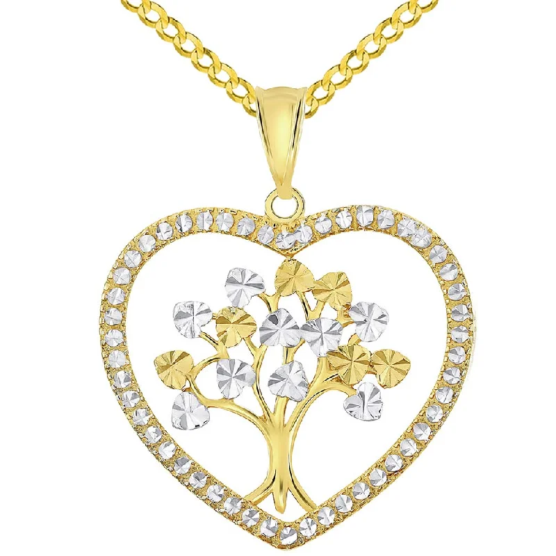 women custom engraved gold necklaces -14k Yellow Gold Textured Two Tone Tree of Life Inside Heart Pendant with Curb Chain Necklace