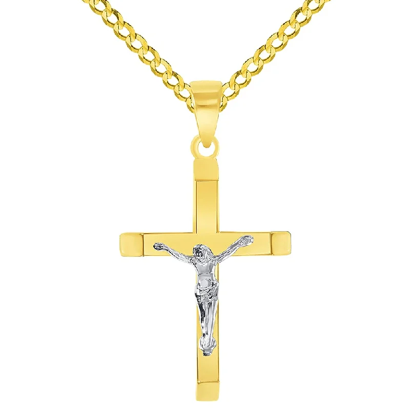 women designer necklaces -14k Two-Tone Gold 3D Catholic Christian Crucifix Slanted-Edge Cross Pendant with Cuban Chain Curb Necklace