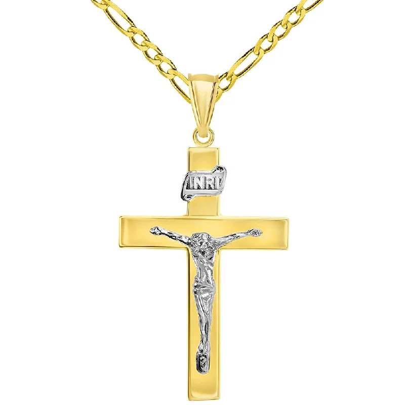 women crystal necklaces -14k Two-Tone Gold 4mm Thick INRI Tubular Crucifix Roman Catholic Cross Pendant with Figaro Chain Necklace