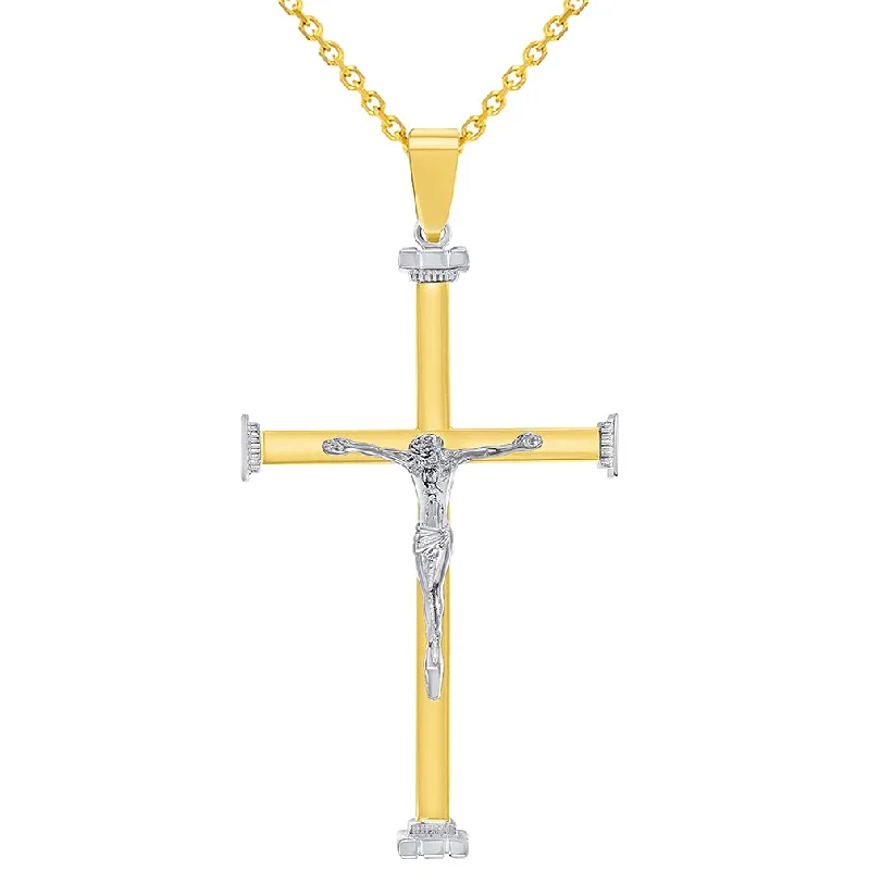 women engraved gold necklaces -14k Solid Two-Tone Gold 3D Catholic Christian Crucifix Cross Pendant Necklace