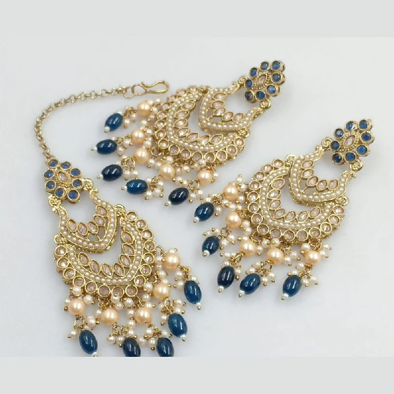 women ear thread earrings -Rani Sati Jewels Gold Plated Crystal Stone And Pearls Dangler Earrings With Maangtikka