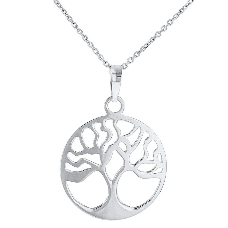 women statement necklaces -14k Solid White Gold Tree of Life Disk Chain Pendant Necklace