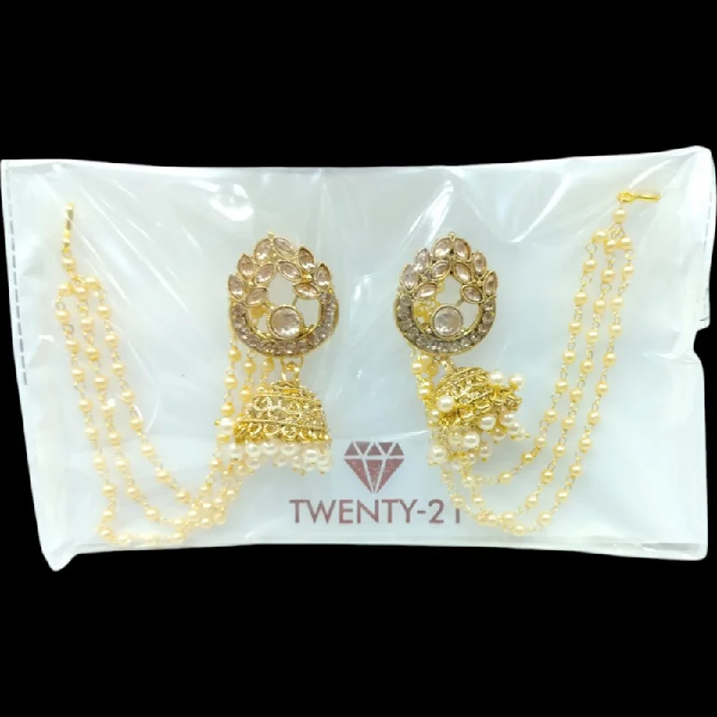 women rose gold earrings -Abhinandan Gold Plated Crystal Stone Jhumki With Kan Chain