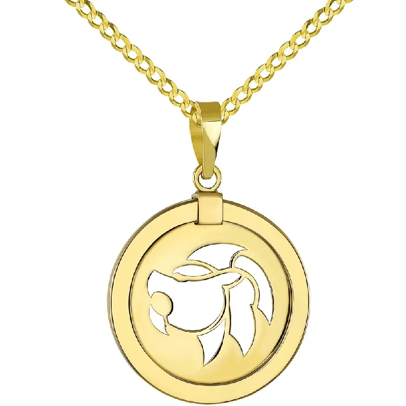 women pendant necklaces -High Polished 14K Yellow Gold Reversible Significant Round Lion Leo Zodiac Sign Pendant with Cuban Chain Necklace