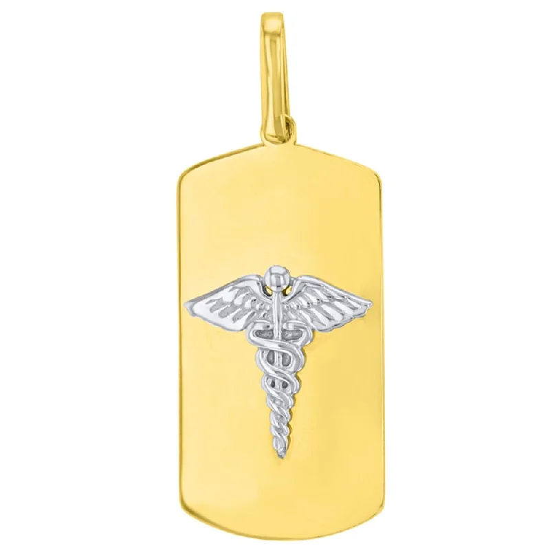 women geometric necklaces -Solid 14K Gold Caduceus Charm Medical Symbol Pendant - Two-Tone Gold