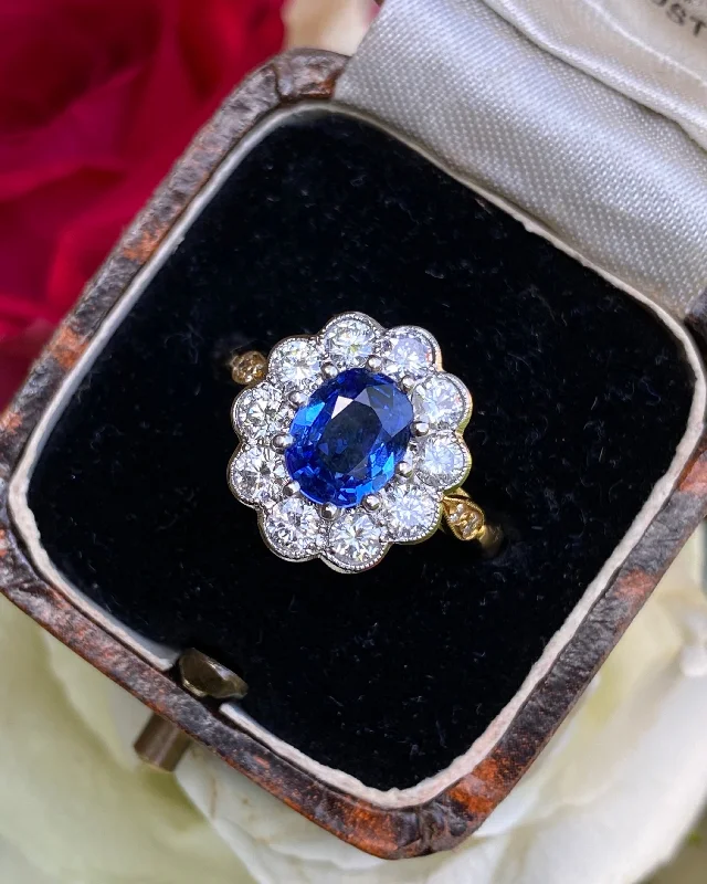 women stackable rings -Victorian Sapphire and Diamond Cluster Ring 18ct Yellow Gold 1.05ct + 1.80ct