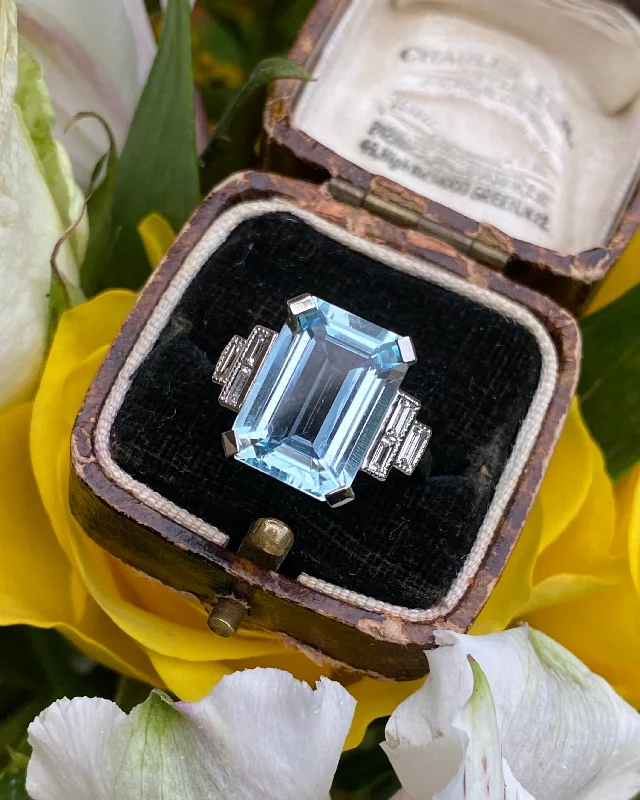 women luxury rings -Art Deco Aquamarine and Diamond Ring Platinum 0.35ct + 6.65ct