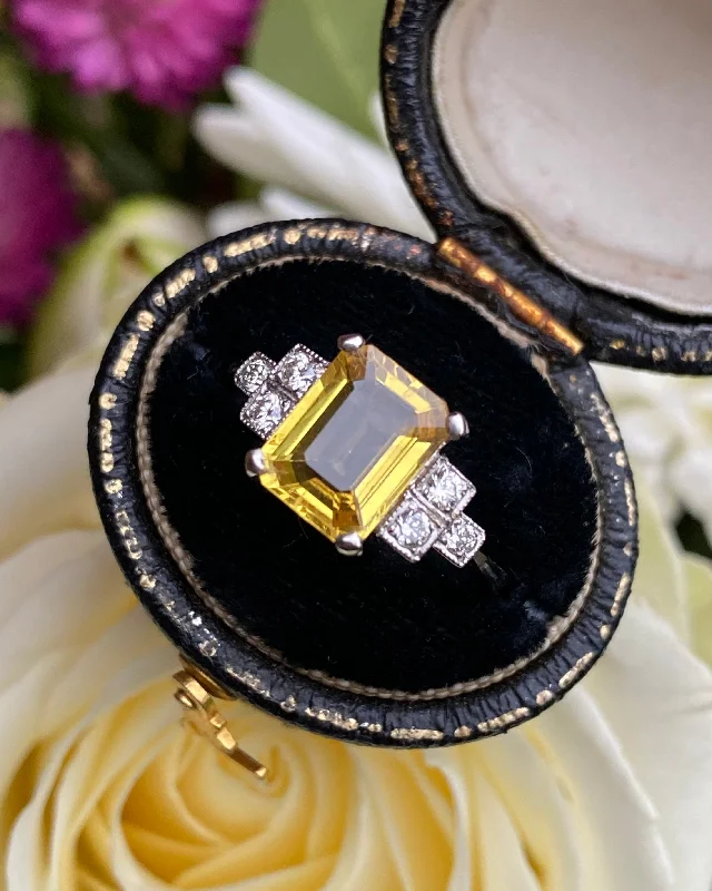 women custom rings -Art Deco Yellow Sapphire and Diamond Platinum Ring 0.20ct + 2.40ct