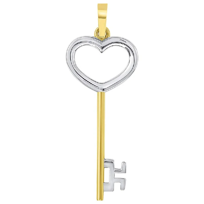 women wedding day necklaces -14k Solid Yellow Gold 3D Two Tone Open Heart Shaped Love Key Pendant