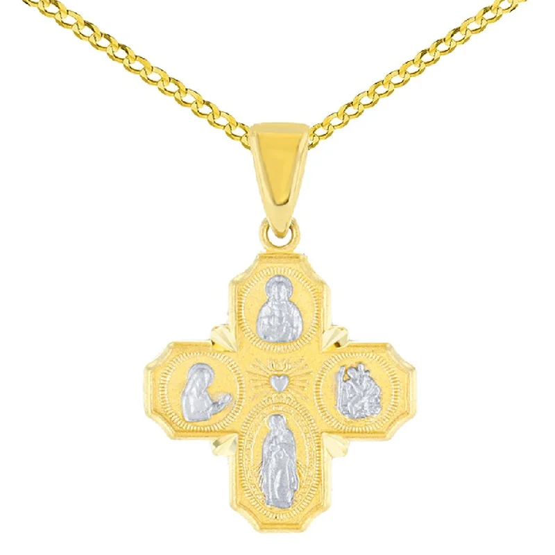 women gold necklaces -Solid 14K Gold Dainty Four Way Cross Charm with God Bless You Pendant Cuban Chain Necklace - Yellow Gold