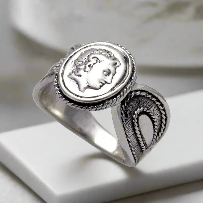 women sapphire and diamond rings -Alexander the Great Portrait Coin Ring in Sterling Silver (DT-106)