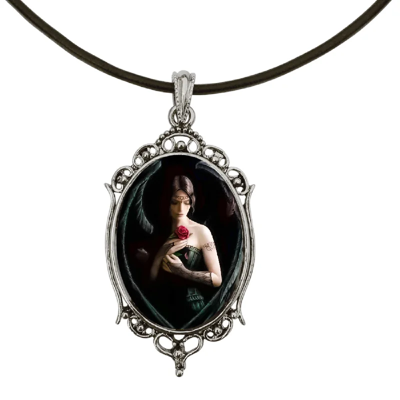 women rose gold necklaces -Gothic Angel with Rose Antique Silver Cameo Pendant on 18" Black Leather Cord Necklace