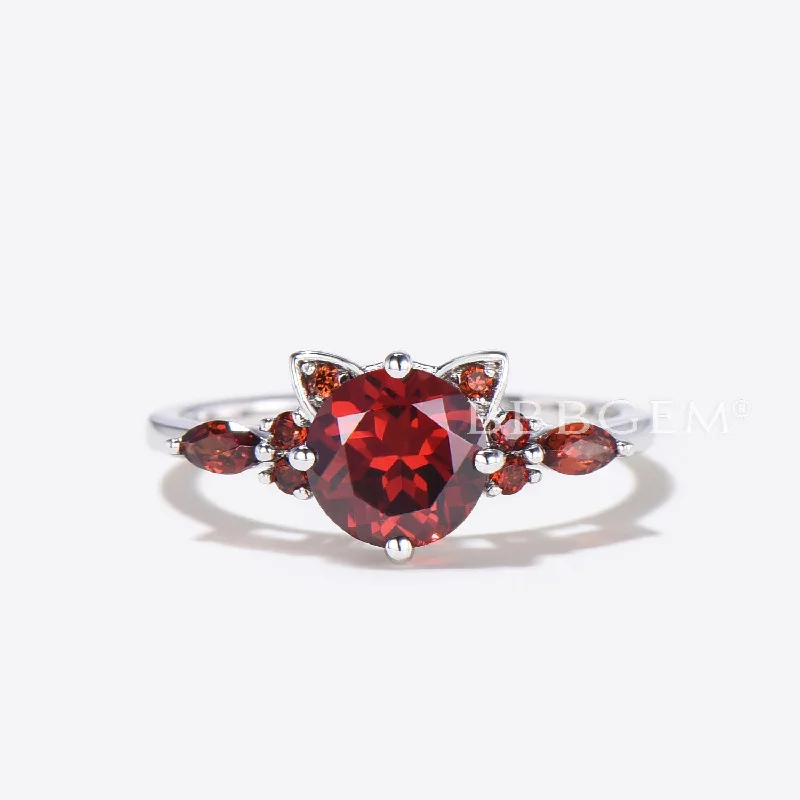 women men’s engagement rings -Cat Engagement Ring Round Natural Garnet Wedding Ring for Cat Lover