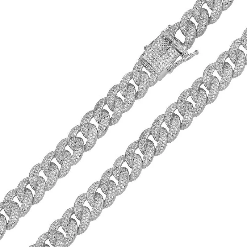 women colorful bracelets -Rhodium Plated 925 Sterling Silver CZ Encrusted Curb Chain or Bracelet 11.7mm - CHCZ104 RH