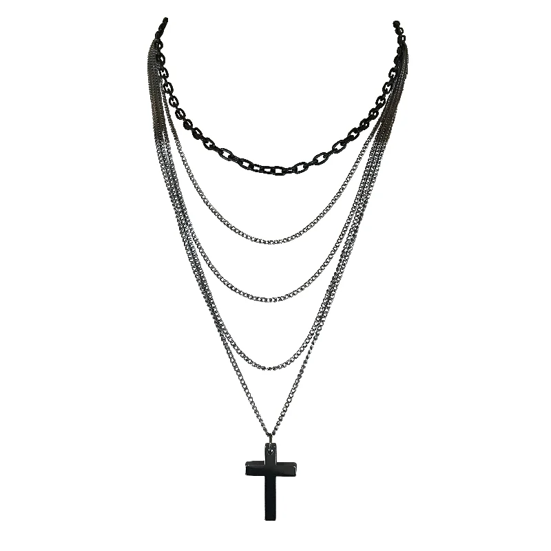 women artistic necklaces -Multilayer Gothic Retro 80s Black & Gunmetal Long Chain Cross Necklace