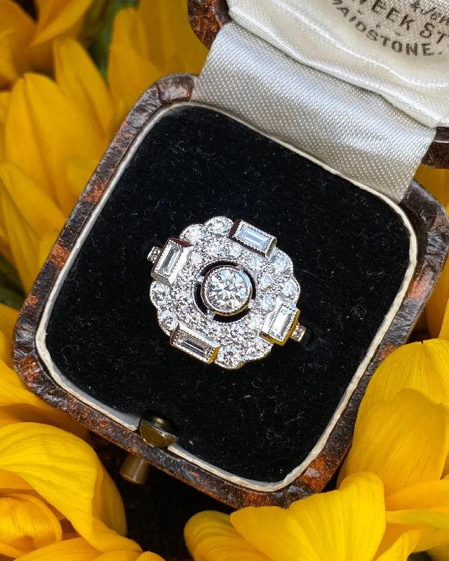 women wide band wedding rings -Art Deco Diamond Cluster Platinum Ring 1.20ct