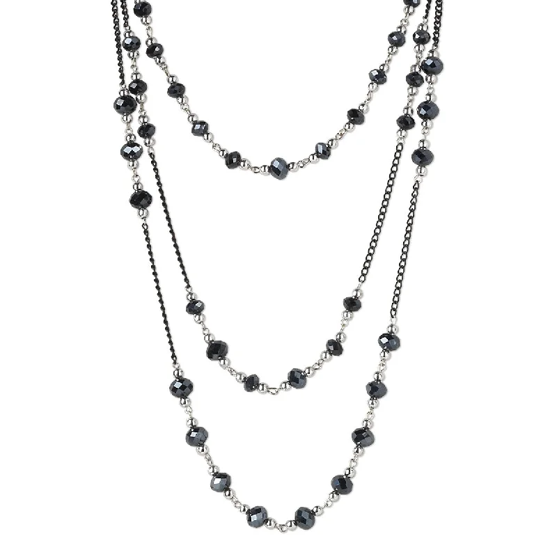 women boho necklaces -Triple Strand Black and Silver Beaded Black Chain Gothic Multistrand Necklace