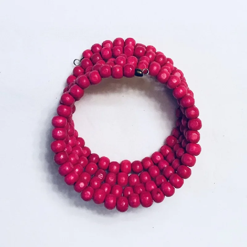 women thin bracelets -Wood 5-Wrap Coiled  Bracelet - Hot Pink