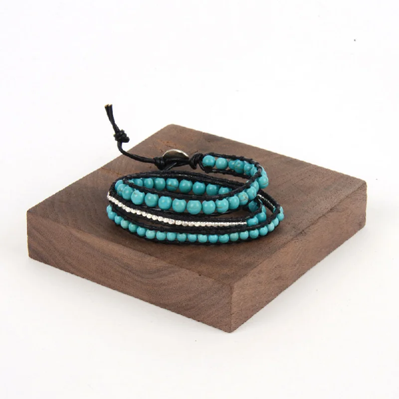 women leather bracelets -Triple Wrap Turquoise & Nugget Bracelet