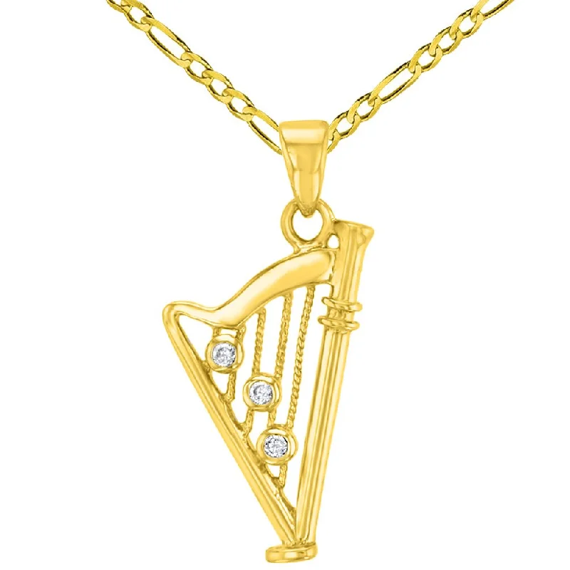 women twisted chain necklaces -14K Solid Yellow Gold CZ Harp Charm Musical Instrument Pendant with Figaro Chain Necklace