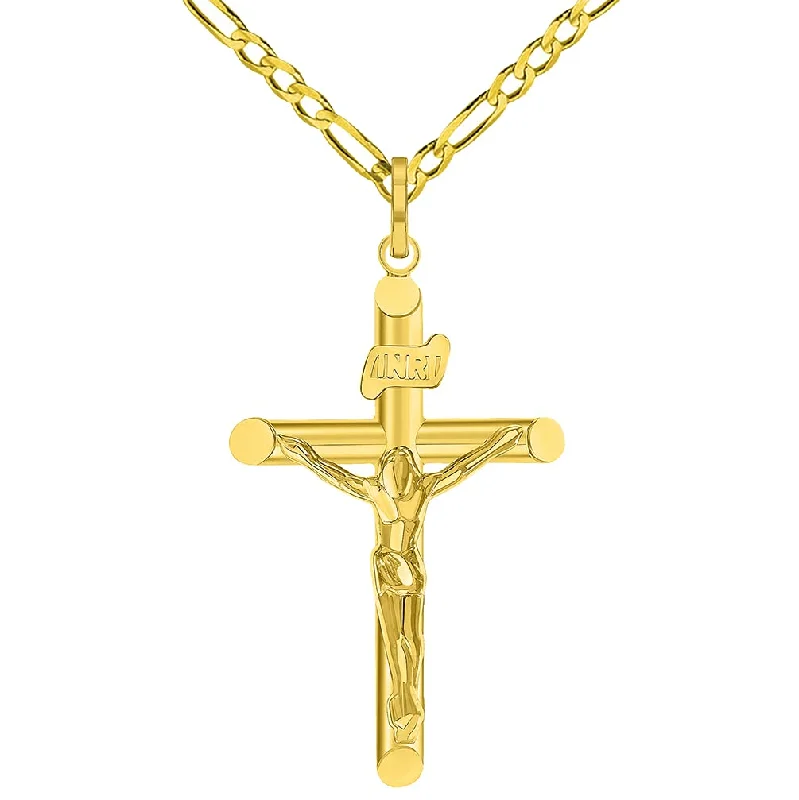 women zodiac necklaces -14k Yellow Gold INRI Tubular Cross Charm Traditional Roman Catholic Crucifix Pendant Figaro Chain Necklace