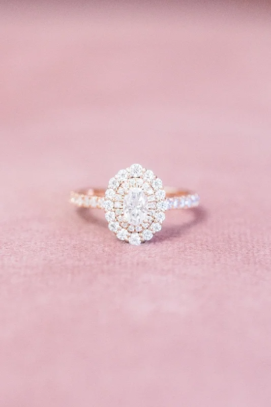 women unique rings -Oval Natural Diamond Double Halo Engagement Ring